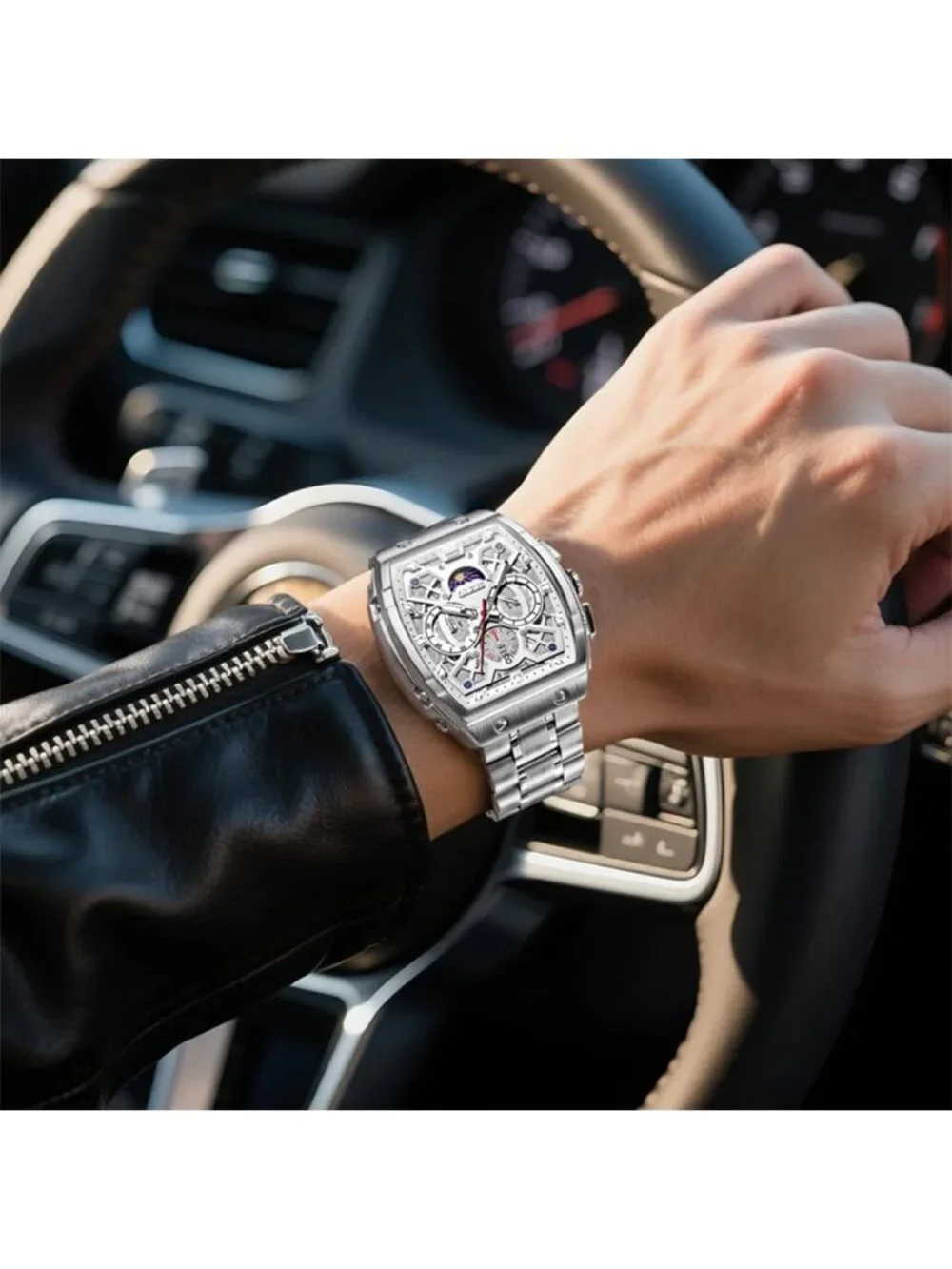 Men's Silver Chronograph Big Square Analog Stainless Steel Date Wrist Watch